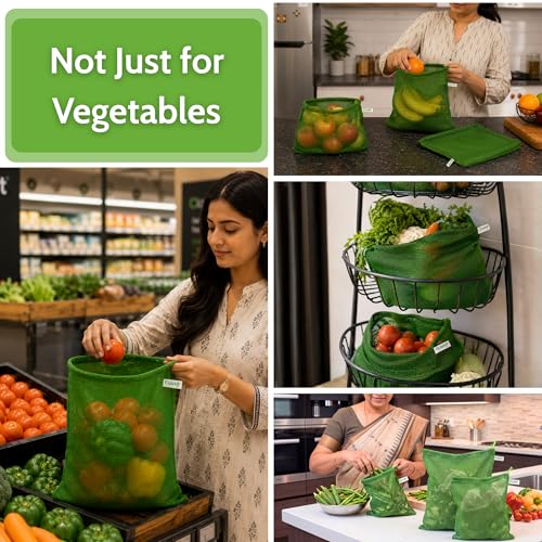 Image of Clazkit Cotton Fridge Bags Set of 6 | Reusable | Breathable Mesh Produce Bags for Refrigerator | Eco-Friendly Washable Cotton Bag Fruits, Greens, Onion, Potato & Grocery Storage