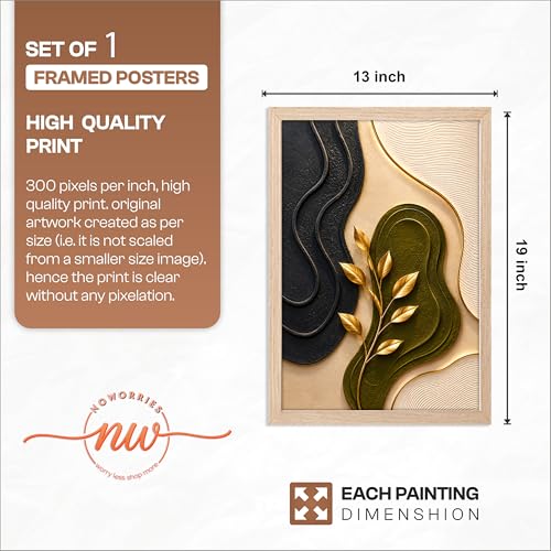 Image of NoWorries 3D Abstract Botanical Wall Painting with Frame Set of 1 | Premium Textured Gold Leaf Artwork, Modern Black Green Beige Nature Wall Decor for Living Room, Bedroom, Office and Home Decoration (3d Art-9,13x19inch)