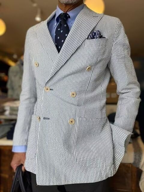 Men's Seersucker Striped Suits Double Breasted 2 Piece Casual Suit for Men Summer Wedding Grooms Blazer Jacket Pants Sets4