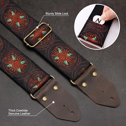 Image of Nefelibata Guitar Strap,Jacquard Embroidery Cotton Guitar Straps with Crazy Horse Leather Ends for Bass, Electric & Acoustic, Best Gifts for Kids, Guitarists(Orange Sun Embroidery)