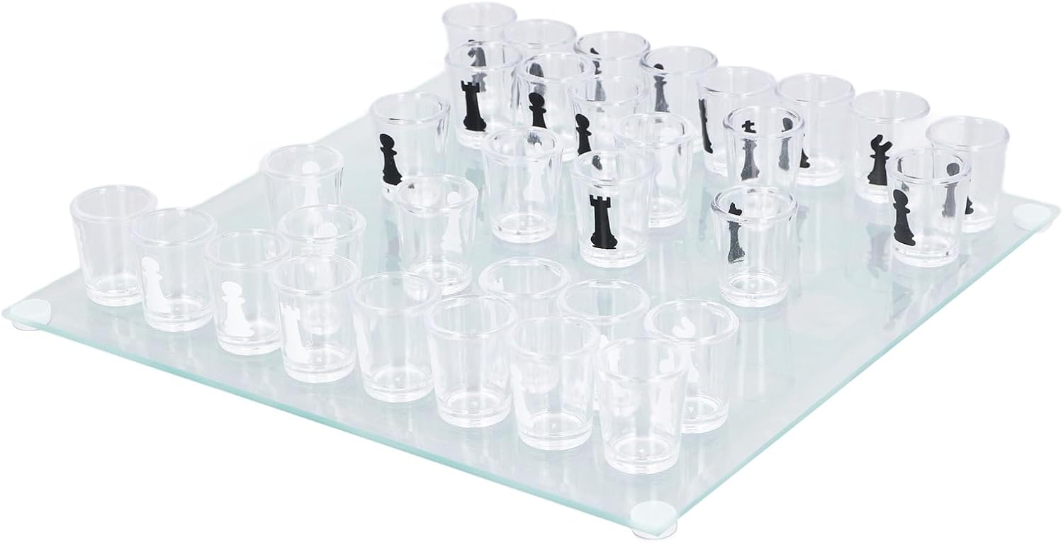 Glass Chess Set Reusable Clear Chess Board with Drinking Glass Pieces 22.5x22.5cm Funny Travel Chess Game Drinking Game Luxury Chess Set Ajedrez