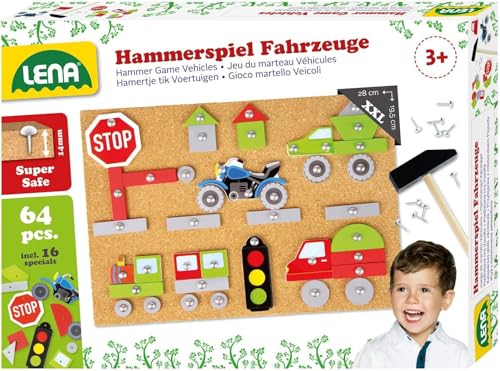 Lena Hammerspiel Fahrzeuge Standard Holz Hammerspiel fur Kinder mit 64 Teilen Bunte Plattchen in verschiedenen Formen mit Hammer NAgeln & Korkplatte 28 x 19 5 cm fur Kinder ab 3 Jahren