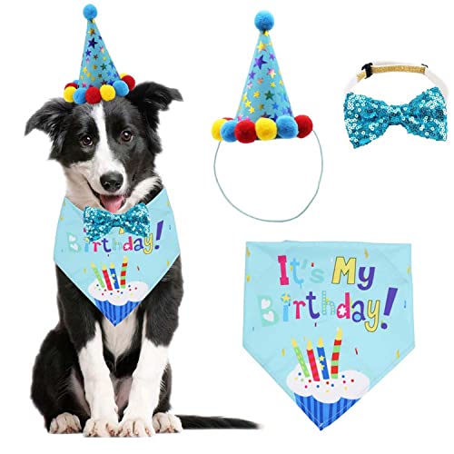 Dog Birthday Bandana Set with Cute Doggie Birthday Party Hat and Bow Tie for Cat and Dog Decoration(Blue)