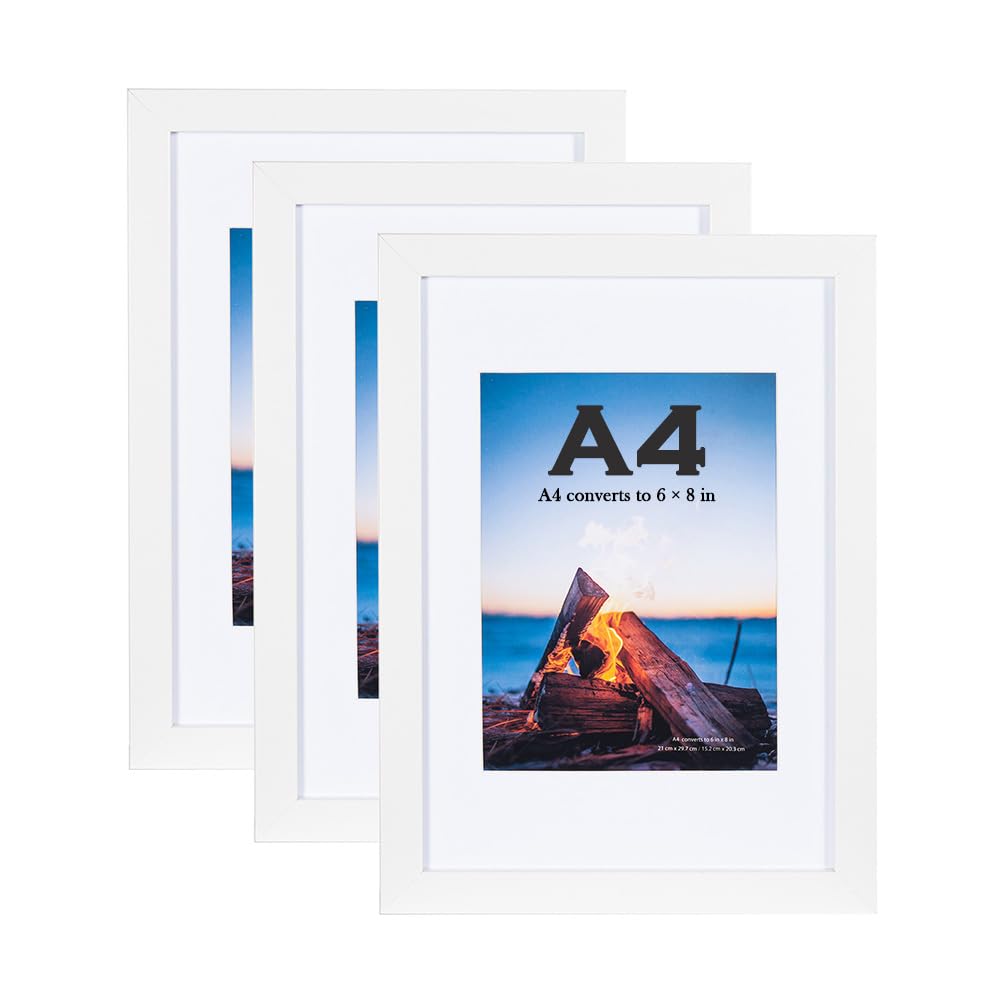 White Wooden Picture Frame A4 with White Mount,Set of 3,A4 Frame,A4 Picture Frame,Freestanding and Wall Mountable