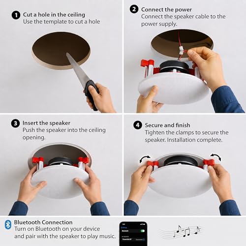 Image of Powerlink 9 inch Bluetooth Ceiling Speaker Pack of 4 (1 Master + 3 Receiver) 160W RMS (40W Each), Multi Wireless Speaker Connectivity, Built-in Amplifier, 2-Way Stereo Sound for Home, Office, Gym.