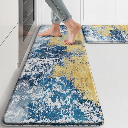 Blue Kitchen Mat Anti Fatigue Mats for Kitchen Floor Blue and Gold Retro Design Comfort Mats Non Slip Washable Padded Kitchen Rugs for Standing Long for Kitchen Dining Room,Office,Sink,Laundry