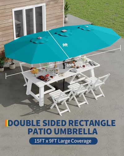 Large Patio Umbrella with Base Included, Double-Sided Rectangle Market Umbrella with Cross Base and Sandbag for Pool Lawn Garden (Misty Blue, 15FT)