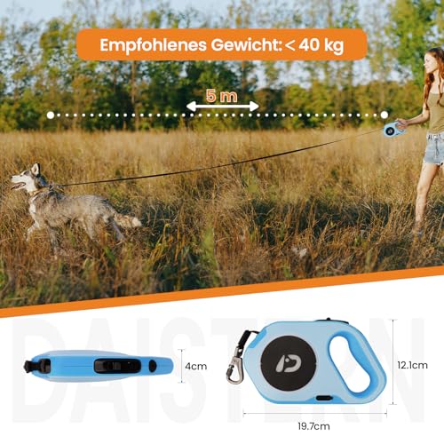 DAISTERN von BSWAY Hundeleine mit LED Licht 5m Ausziehbar, Wiederaufladbar über USB‑C, Einhand-Bremse, Anti-Verheddern für kleine & große Hunde bis 40KG