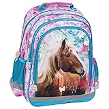 Ragusa-Trade Pferde Fan Rucksack Kinderrucksack für Jungen und Mädchen mit zwei großen Fächern und seitlichen Getränkenetzen, 39 x 29 x 17 cm, blau/rosa