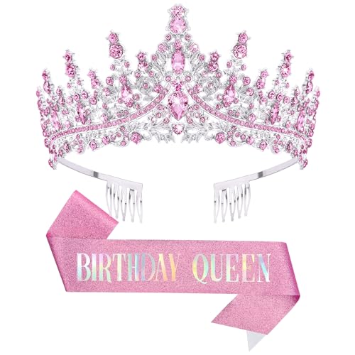DRESHOW Couronne et Écharpe d'Anniversaire pour Femmes Couronne de Reine et Diadème en Strass Diadèmes et Écharpes d'Anniversaire pour filles Décorations...