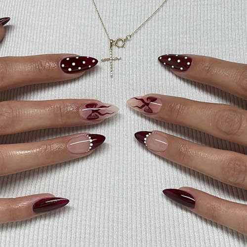 Image of Secret Lives Acrylic Press on Nails Reusable Artificial Designer Fake Nails Extension Brown White dot 24 Pieces Set with Kit