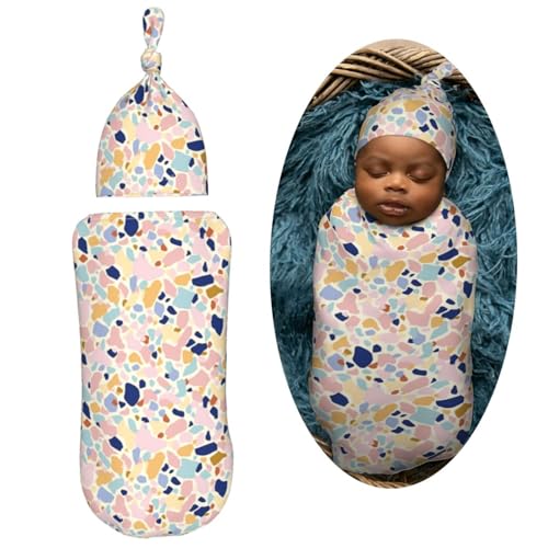 Image of Pastel Coloured Terrazzo Newborn Swaddle Blankets Hat Sets Soft Baby Receiving Blanket Swaddle Sack for Baby Shower Infant Boy Girl Gift