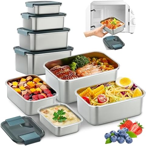 JXXM 4 Stainless Steel Food Storage Container Set With Lids - Easy Clean, Smell-Proof, Airtight & Leakproof Containers - 4Sizes (13oz/33oz/63oz/100oz) - 304 Stainless Steel(Blue lid) Cover