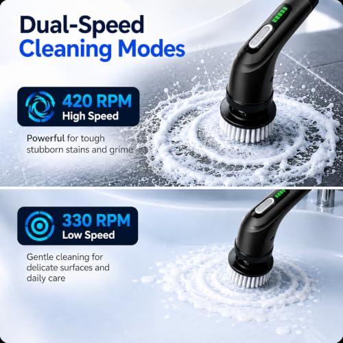 Image of Highyes Electric Spin Scrubber for Bathroom, IPX7 Waterproof Shower Scrubber with Extendable Long Handle, Bathroom Cleaning Scrubber with 7 Reusable Brush Heads (Black)