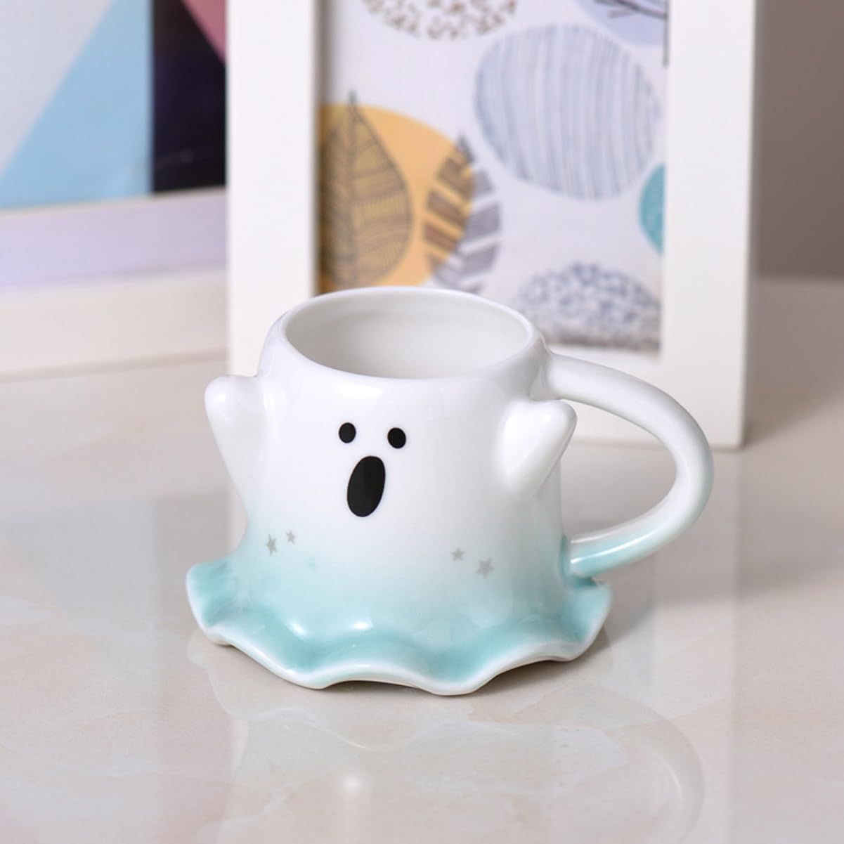 KKGUD Novelty Mini Cup, Ceramic 4.5oz Halloween Coffee Cup with Spoon- Scary Ghost (Green), Scary Ghost- Green, 130ml, Small - Image 3