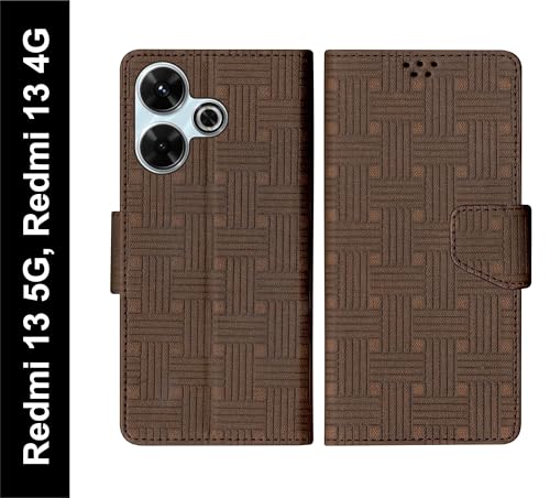 Image of SBMS Flip Cover for Redmi 13 5G / Redmi 13 4G Back Cover Case with Magnatic Closure | Inbuilt Stand | Card & Money Pocket (Mat Brown)