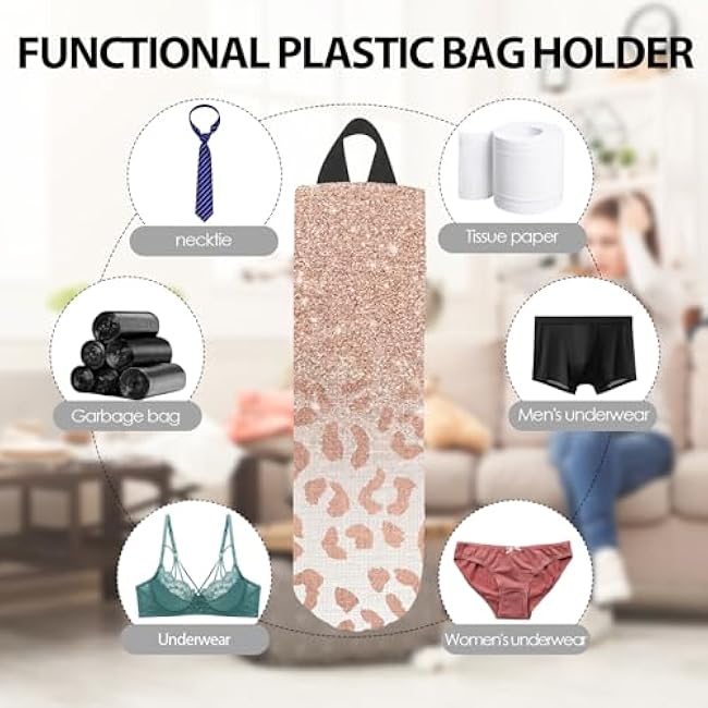 Plastic Bag Holder, Reusable Grocery Bag Organizer/Holder, Durable Large Grocery Bag Storage Dispenser ?for Home Kitchen, Pink Shiny Leopard