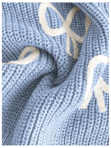Image of BEAUDRM Girl's Cute Bow Sweater Crew Neck Long Sleeve Drop Shoulder Loose Pullover Tops