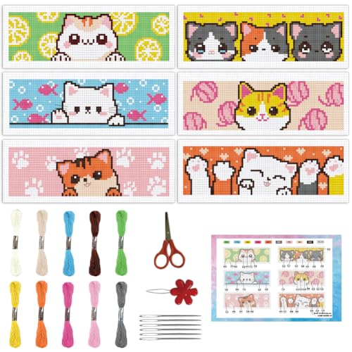 Image of INFUNLY 6pcs Cartoon Cat DIY Cross Stitch Bookmark Kits for Beginner 8.66 inchx3.15 inch Cute Kitten Stamped Embroidery Kit with Instruction Pussycat Printed Bookmark Kits for Cat Lovers Book Readers Writers