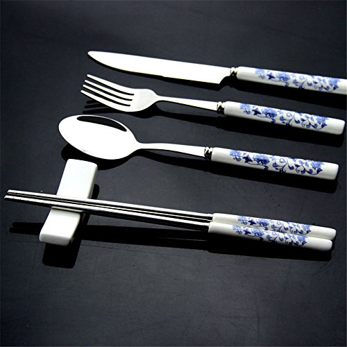 Chinese Style Cutlery Set White Porcelain Blue Patterned Tableware Set Gift (fork+knife+spoon+chopsticks)