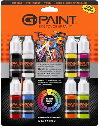 G-Paint Bike Paint - Touch-Up Paint Kit For Scratched or Chipped Frames - 8 Pack of 10ml Bottles - Black, White, Red, Cyan, Yellow, Lime, Orange, Magenta. Mix to Color Match. Includes Applicator Brush