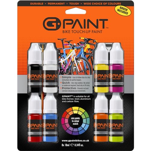 G-Paint Bike Paint - Touch-Up Paint Kit For Scratched or Chipped Frames - 8 Pack of 10ml Bottles - Black, White, Red, Cyan, Yellow, Lime, Orange, Magenta. Mix to Color Match. Includes Applicator Brush