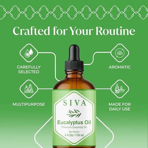 Image of Siva Eucalyptus Essential Oil 4 Fl Oz - for Diffuser, Skin & Hair Care - Ideal for Aroma, Massage & DIY Blends- with Dropper
