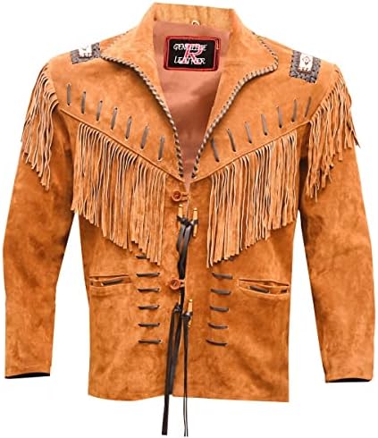 Men's Western Cowboy Leather Jacket Real Suede and Fringe Beaded Native American Coat -Tan Brown (Large) (RP-786)