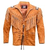 Men's Western Cowboy Leather Jacket Real Suede and Fringe Beaded Native American Coat -Tan Brown (Sm