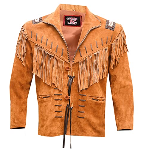 Men's Western Cowboy Leather Jacket Real Suede And Fringe Beaded Native American Coat -Tan Brown (Large) (Rp-786) #TOP2