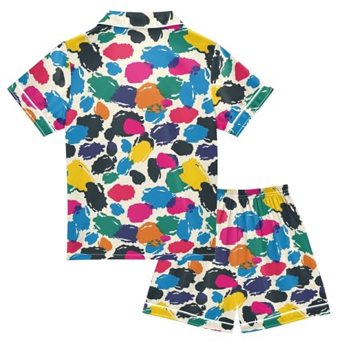 Colorful Graffiti Print Summer Satin Pajama Set, Cute Button-Down Sleepwear Pj Set for Sleep Wears2