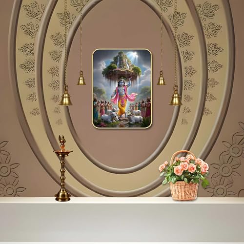 Image of SAF Lord Krishna Govardhan Leela Wall Art with Table Top Stand & Wall Hanging Hole | Premium MDF Religious Painting for Mandir Home Office Decor