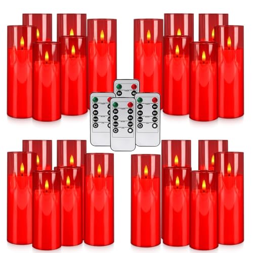 Grcdoyvl 24-Pack Red Flameless LED Candles - Remote Control & Timer Realistic Flickering for Chinese New Year Decor Valentines Day Romantic Home Ambiance Fireplace Mantel & Festive Centerpieces