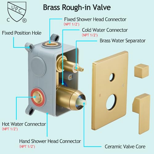 Image of Shower Faucet Set Complete, Wall Mount Shower System for Bathroom 12 Inch High-Pressure Rainfall Shower with Handheld, Rough-in Valve Body and Trim Kit, Brushed Gold