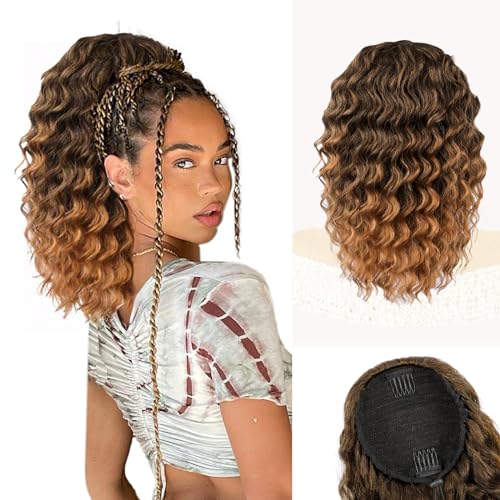 AISI BEAUTY Curly Ponytail Extension, Drawstring Ponytail Extension for Black Women Clip in Ponytails Synthetic 14 Inch Long Curly Wavy Fake Hairpieces for Daily Use(14-T27)