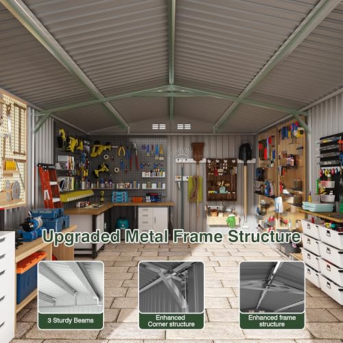 Image of AirWire 10x16 FT Outdoor Metal Storage Shed, Heavy-Duty Galvanized Steel Tool Shed with Lockable Doors, Waterproof Garden Shed for Backyard, Patio, Lawn, White