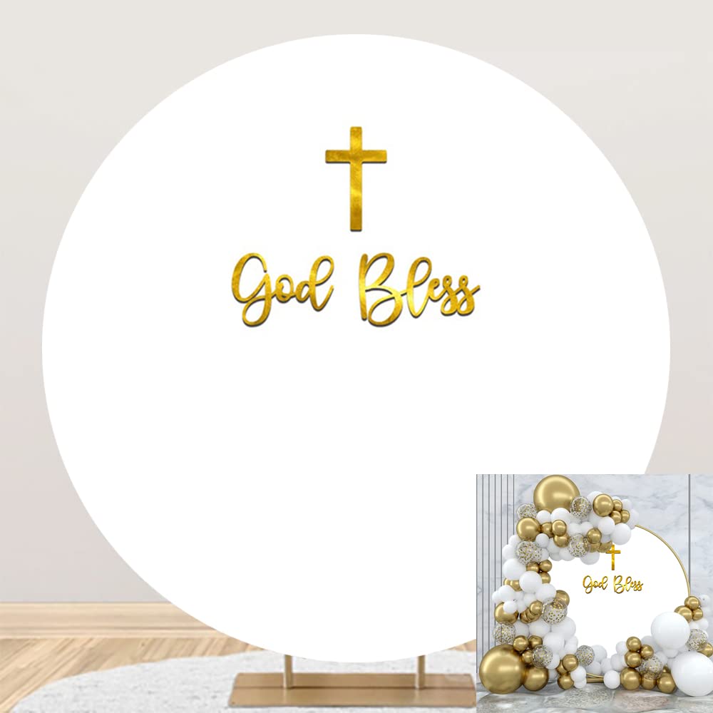 OERJU 7.2x7.2ft God Bless Round Backdrop Cover First Holy Communion Baptism Christening White Photography Background Circle Backdrop Cover for Baby