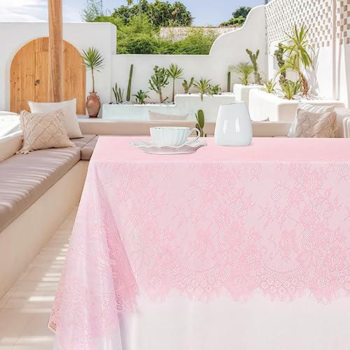 B-Cool 60X120PINKLACE-1PCS Pink Lace Table Cloth 60 X 120 Inches Rectangle Vintage Embroidered Bridal Wedding Table Cloth Sheer Overlay thumb #6