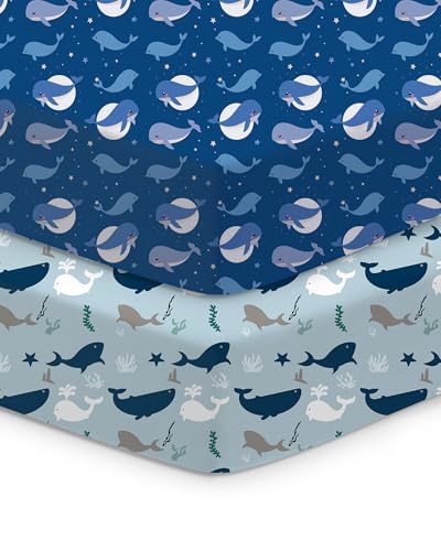 TotChill Baby Crib Sheets for Standard Crib Mattress - Navy Whale+Blue, Ultra Soft Jersey Knit, Breathable and Cozy, Fits 28''x52''x9'' Deep Pocket