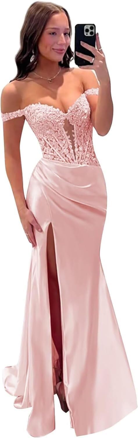 Mermaid Prom Dresses for Women Satin Lace Applique Backless Formal Evening Gowns with Slit HRJ41
