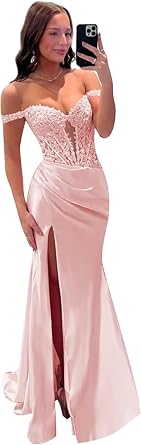 Long Mermaid Prom Dresses with Lace Appliques for Women Off Shoulder Satin Pleated Corest Formal Dress with Slit