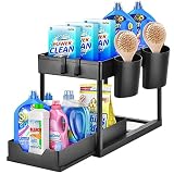 Wodovia Rangement sous Evier 2 Niveaux, Coulissant Organiseur sous Évier Etagere Tiroir avec 4 Crochets et 2 Vasques Suspendues Rangement Coulissant pour Cosmétiques Cuisine Salle de Bain, Noir