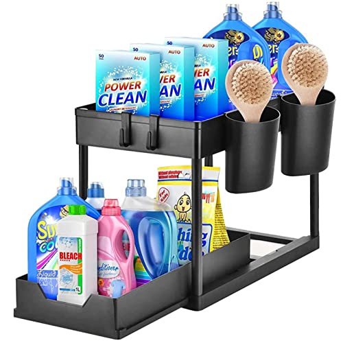 Wodovia Organizador Bajo Fregadero 2 Niveles, Deslizable Estante Almacenamiento Debajo Fregadero con 4 Ganchos y 2 Cesta Colgante, Estante para Cajones para Cocina, Encimera o Baño Cover