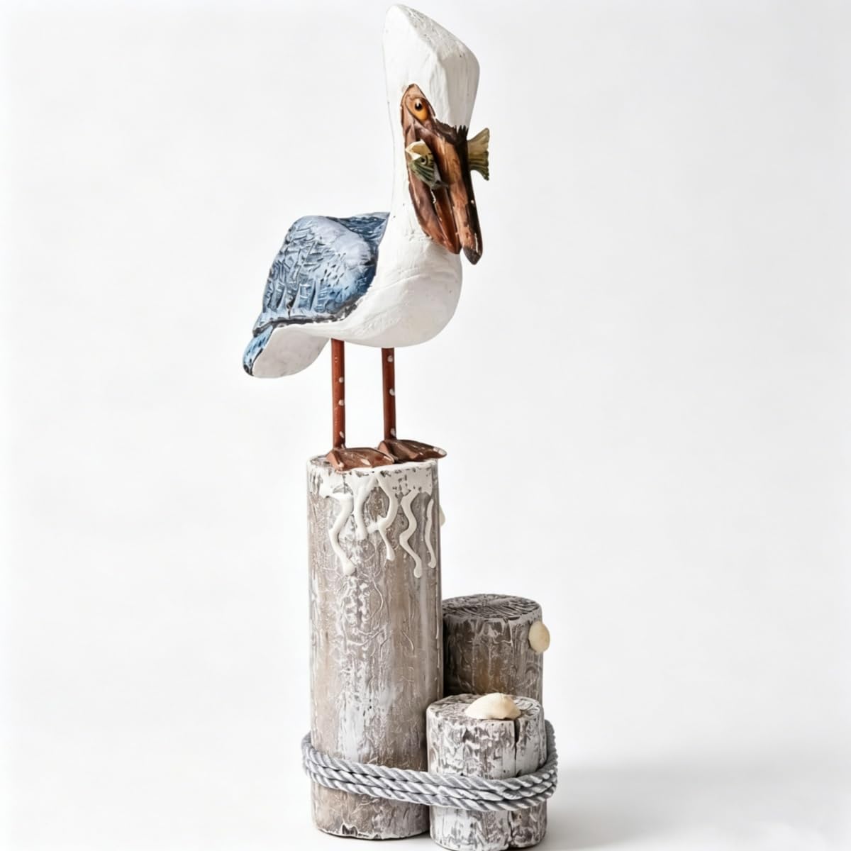Nautical Pelican Statue, Hand Carved Wooden Pelican Figurine, Vintage Rustic Coastal Art Sculpture, Decorative Wood Bird Ornament for Indoor Bathroom Tabletop, Outdoor Garden Patio Beach Home Decor