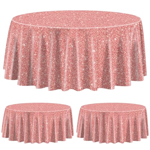 3 Pack Pink Rose Gold Tablecloths for Round Table, 84x84 Rose Gold Sequin Printed Plastic Round Table Cover, Rose Gold Glitter Party Decorations for Girls Birthday Wedding Graduation Princess Party