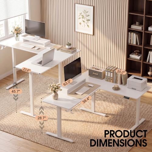 Image of Furmax 63 x 55 Inch L Shaped Standing Desk with 2 Preset Heights, Electric Height Adjustable Computer Table, 2 Hooks & Feet Balance, Corner Sit Stand Desk for Home Office (White, 63 x 55 Inch)
