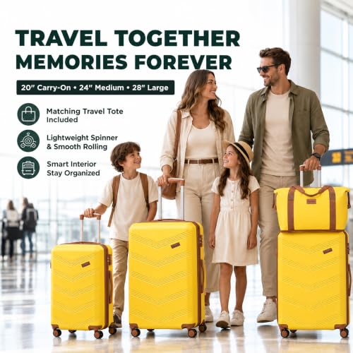 Image of CONCEPTEN Expandable Hardshell Luggage Set 5 Piece, 22x14x9 Airline Approved Carry On, 20 /24 /28 inch Suitcase Set with TSA Lock, Spinner Wheels, ABS+PC (Yellow) | Suitcase Set with Spinner Wheels TSA-approved Lock ABS Travel 20 /24 /28 Inch