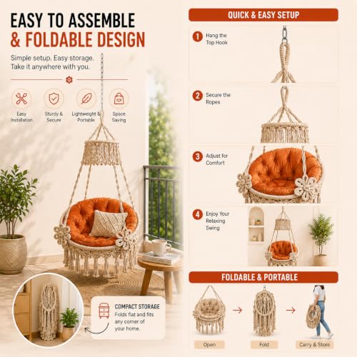 Image of Premium King Size Hammock Chair Swing with Cushion, 200kg Capacity | Indoor Outdoor Heavy Duty Adults & Kids Hanging Jhula for Home, Garden, Patio & Balcony | 1 Year Warranty (Beige)