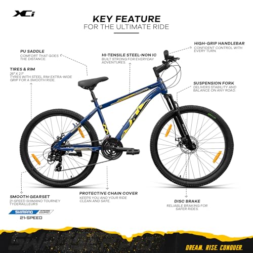 Image of XCi Swagger Pro Mountain Bike | 26-Inch Tyres | Tuf Shox Suspension | 21-Speed Shimano Gears | Mechanical Disc Brakes | Youth 12+ Years |17-Inch Ultra Light Steel Frame | Blue Yellow