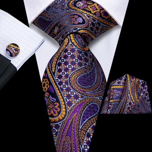 Image of Hi-Tie Men Silk Ties Set with Flower Lapel Pin Necktie Pocket Square Cufflinks for Tuxedo Wedding Business